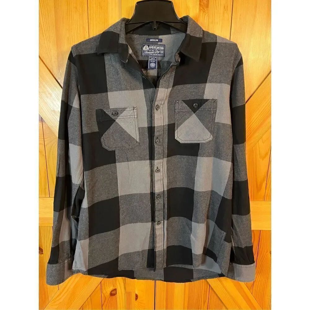 American Rag Men's Flannel Button Down Shirt Size Medium Black/gray (3457)